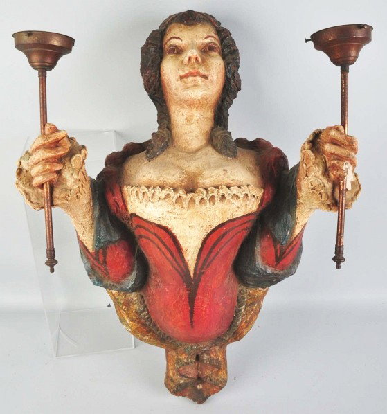 Early Plaster Ship Bust.: Circa 1930s. Figural example of lady holding two lights. Bust has been electrified. One chip to left hand (could be repaired). Condition (Excellent). Size 41" T.