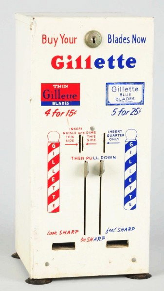 Gillette Blades Dispenser.: Includes key and displays very well with only average wear and soiling. Condition (Excellent). Size 13 - 1/2" T.