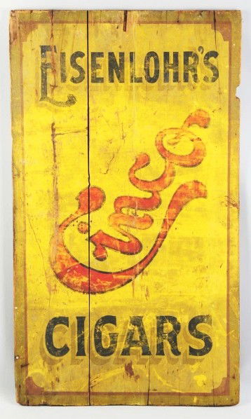 Wooden Cinco Cigars Handmade Sign.: Circa 1900. Even though there is extensive wear there is still a nice overall appearance. The fading, rubbing, splitting, and general wear only adds to the overall appearance. Nice straight board cons