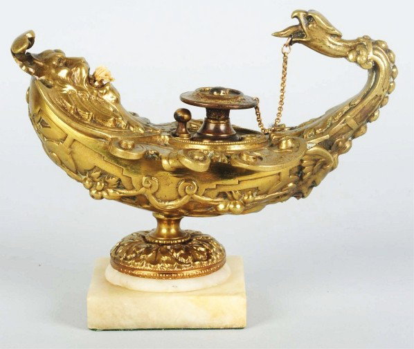 Fancy Brass Cigar Lighter on Marble Base.: Condition (Excellent). Size 7" L.