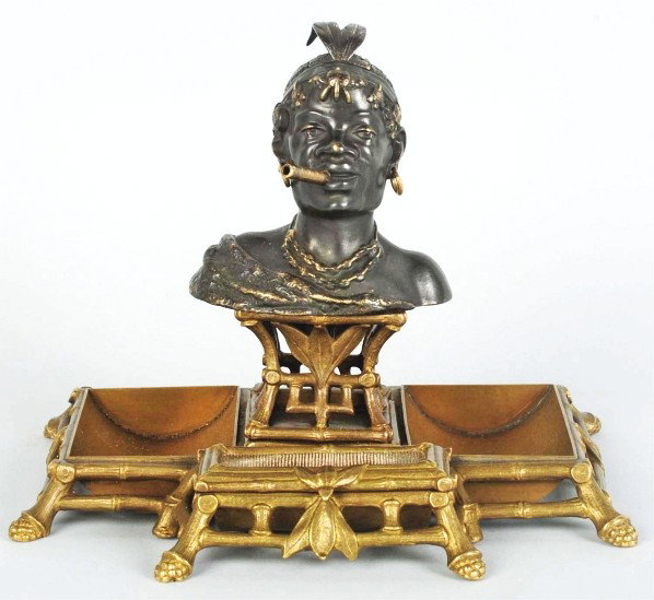 Fantastic Figural African American Cigar Lighter.: Bronze and brass. With striker and ashtray. Fantastic detail. Condition (Excellent). Size 6 - 3/4" T.