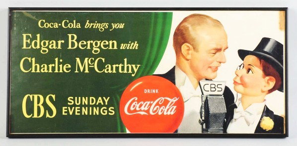 Paper Bergen & McCarthy Coca-Cola Poster.: 1949. Framed under plexiglass. Four stains and marks in the corners where the stick-on tape was originally applied. Only light wear or marks. Condition (Excellent). Size Framed: 24 - 1/4" x 11 - 1/4".