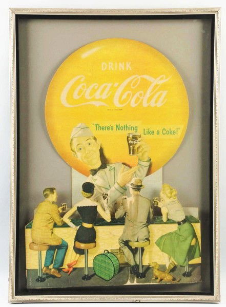 Rare Coca-Cola Cutout Display.: 1955. Beautifully mounted and framed under glass in a showcase mounting. Cardboard piece pops out at bottom to display dimensionally. Strong overall fading with a few bends, rubs, surface scratches, a
