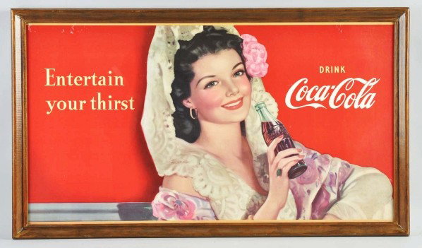 Cardboard Coca-Cola Horizontal Poster.: 1951. Framed under plexiglass. Beautiful poster that is rarely seen. Displays wonderfully with just a few rubs in red background areas, light soiling, and miniscule surface marks. Condition (Excellent