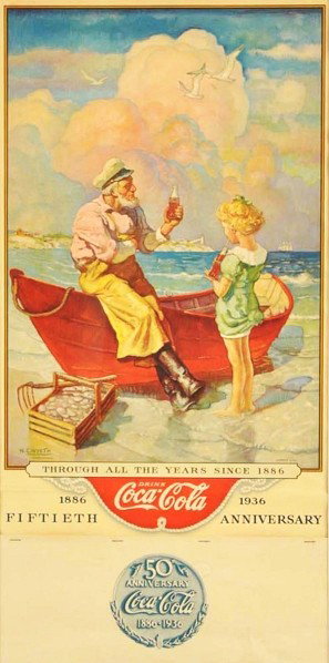 1936 Coca-Cola Calendar.: Matted and framed under plexiglass. Nice, new old stock example with a full pad, cover sheet, and great colors. Only light wear and some minor roll marks with a few strong horizontal wrinkles. Conditi