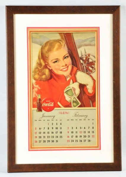 1947 Coca-Cola Calendar.: Framed and matted under plexiglass. A few small tack holes at top center, one or two short closed edge tears at bottom, and slight soiling and wear. Condition (Very Good Plus). Size Framed: 30" x 20 -