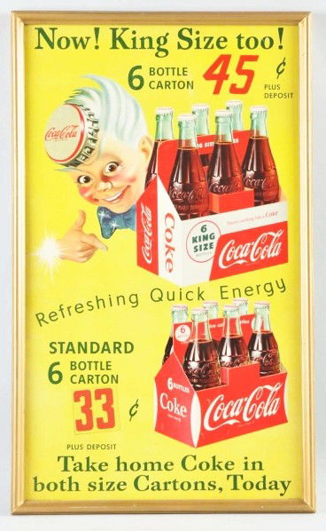 Cardboard Coca-Cola Spire Boy Poster.: 1955. Framed under glass. Some light warping, a few medium to strong bends, light wear, and soiling. Condition (Very Good). Size Framed: 27 - 1/2" x 16 - 3/4".