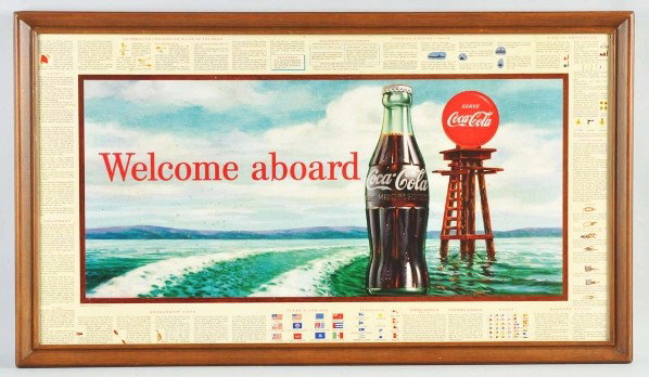 Cardboard Coca-Cola Horizontal Poster.: 1950s. Matted and framed under plexiglass. A few light surface marks, general overall mildew stains and marks, light wear, and soiling. Condition (Very Good). Size Framed: 21 - 1/2" x 37 - 1/2".