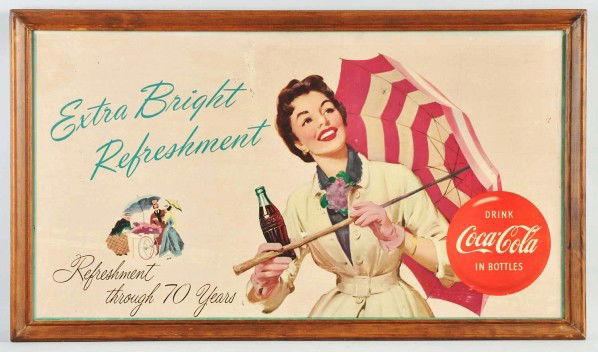 Cardboard Coca-Cola Horzontal Poster.: 1955. Framed under plexiglass. A few strong bends and surface rubs with medium to heavier soiling and darkening from age and exposure. Condition (Very Good). Size Framed: 21 - 1/2" x 37 - 1/2".