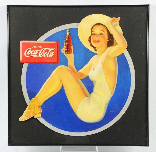 Cardboard Coca-Cola Sign.: Late 1930s. Framed under plexiglass. A few nail holes, some surface roughness, minor ripples from past moisture absorption, some general border restoration, and some rebuilding to a few of the protrud