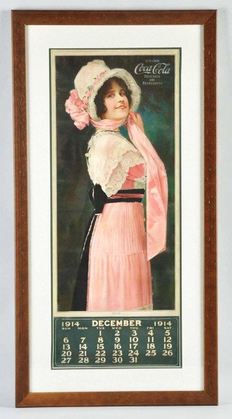 1914 Coca-Cola Calendar.: Nicely matted and framed under plexiglass. Retains original metal strip with December calendar page. Good color and texture remains. Only a few small closed tears, miniscule color touchup, minor fold