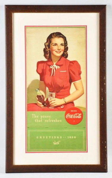 1940 Coca-Cola Calendar.: Framed and matted under plexiglass. Complete with full pad, cover sheet, and metal strip. One three-inch closed tear in the upper left side, two or three small closed tears or punches, light soiling,
