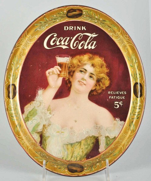 1907 Coca-Cola Serving Tray.: Some surface marks and light scratches, a few small dark spots. General medium overall wear, minor stains to border and rim, and light to medium soiling. Condition (Good - Very Good). Size 13 - 1/4" D