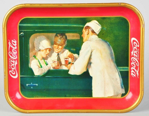 1927 Coca-Cola Serving Tray.: Some slight fading, minor surface marks, a few spots and stains, light outer edge wear, and nicks. Condition (Very Good). Size 13 - 1/4" x 10 - 1/2".
