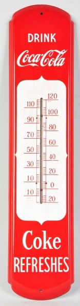 Porcelain Coca-Cola Thermometer.: 1950s. Very scarce version and difficult to find. Beautiful example with restoration of chips around the top and bottom mounting holes and clear-coating over the entire surface. Displays wonderfully.