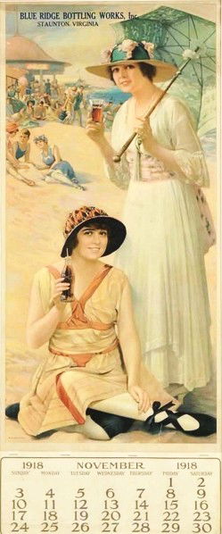 1918 Coca-Cola Calendar.: Beautifully matted and framed under plexiglass. Complete with a November and annual summary calendar page. A few small roll marks with some light soiling, one or two small closed tears, and minor wear