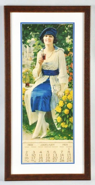 1921 Coca-Cola Calendar.: Nicely framed and matted under plexiglass. Appears to have a complete pad. Only light soiling, slight darkening, a number of fairly heavy creases, and roll marks. Calendar has been dry-mounted and fla