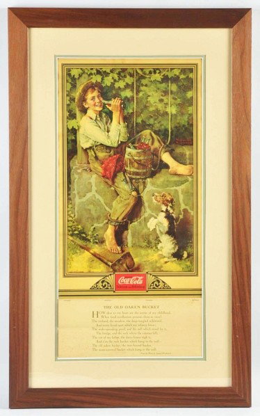 1932 Coca-Cola Calendar.: Framed and matted under glass. Complete calendar with metal strip, full pad, and cover sheet. Four or five medium horizontal fold marks, a few surface crinkles, light soiling, and mild mildew spots to