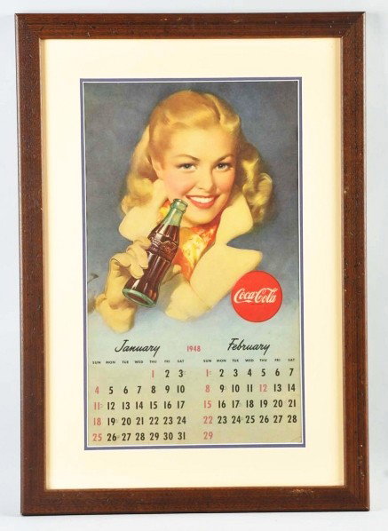 1948 Coca-Cola Calendar.: Framed and matted under plexiglass. Good example with only faint soiling and staining (primarily to the lower six inches). Condition (Excellent). Size Framed: 29 - 1/2" x 20 - 1/2".