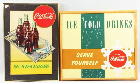 Lot of 2: Coca-Cola Signs.: 1947 and 1970s. Includes one cardboard sign and one tin sign. Both are framed under plexiglass. Only light soiling or wear on both pieces with some corner bends to all four corners of the tin sign. Co