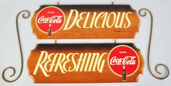 Wooden Kay Display Coca-Cola Sign Set.: Late 1930s. Complete with bent iron trim work and hangers. Clean and bright with just a few small scuffs or scratches. Condition (Excellent). Size Each: 24" L.
