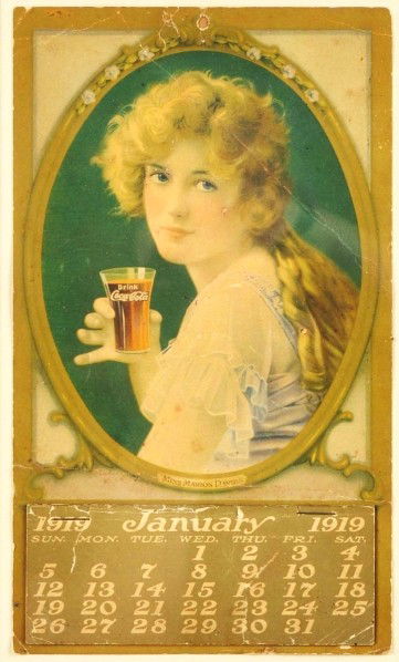 1919 Coca-Cola Miss. Marion Davies Calendar.: Framed under plexiglass. Features a complete pad and is a good display item. Overall condition is on the lesser side with strong bends, creases, some soiling, and discoloration from age. Condition (Go