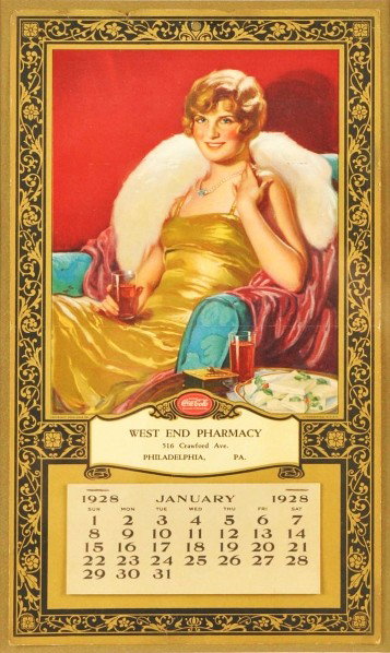 1928 Coca-Cola Distributor Calendar.: Nicely framed under plexiglass. Clean and bright colors with only one small mark above her left shoulder, minor edge wear, short closed tears to top border, and one strong central horizontal fold mark