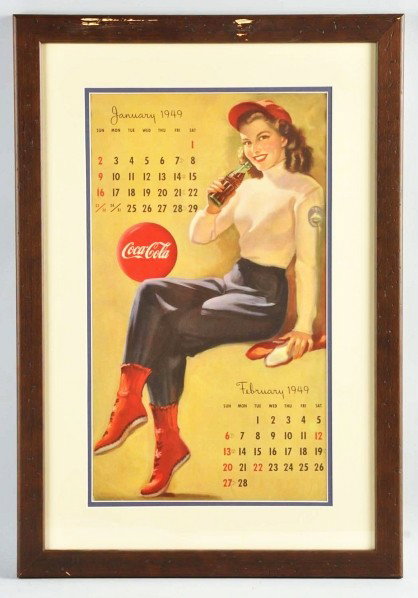 1949 Coca-Cola Calendar.: Nicely matted and framed under plexiglass. Very small corner tear in lower left, some corner bends, and minor marks to front sheet. Condition (Excellent). Size Framed: 30" x 20 - 1/2".