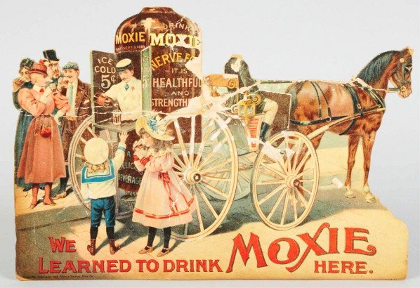 Very Rare Moxie Cardboard Cutout Sign.: Circa 1890s. Heavily embossed and retains its original easel on back. A few strong bends, one or two small closed tears and missing the head of the driver and top of bottle. Condition (Poor - Fair). S