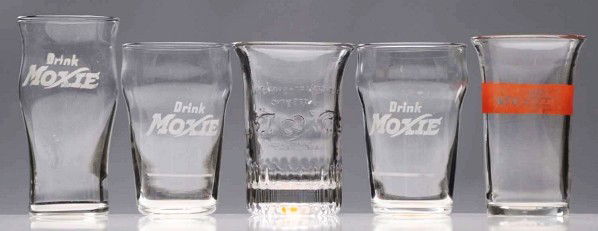 Lot of 5: Assorted Moxie Glasses.: 1910 to 1940s. Very little to mild wear. Condition (Excellent - Near Mint). Size Largest: 4 - 1/2" T.