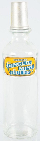 Ginger-Mint Julep Label under Glass Syrup Bottle.: Clean and bright with minor stains in bottom left corner area and one small closed crack that impacts the "J" of julep. Crack is not highly visible. Condition (Excellent). Size 12 - 1/2" T