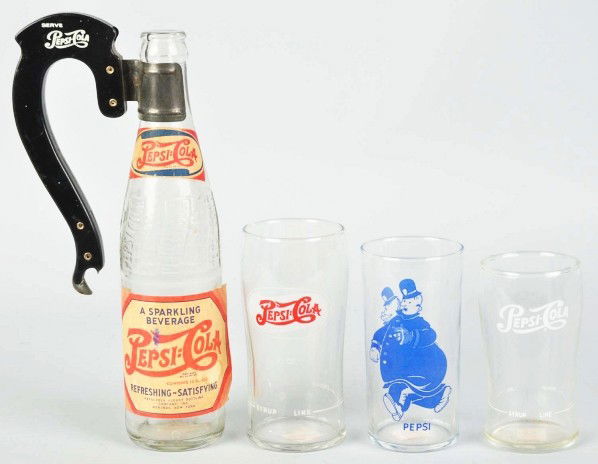 Lot of Pepsi-Cola Glass Items.: 1940s to 1950s. Includes an early Pepsi and Pete glass in like-new condition, two other sets of fountain glasses with light wear, and one paper-labeled bottle with a Pepsi-Cola "pourit" handle that do