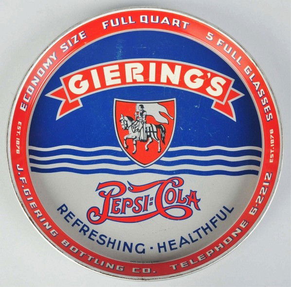 Tin Pepsi-Cola Giering's Serving Tray.: 1940s. Some general mild to medium surface marks, wear, and scratches. Condition (Very Good). Size 12" Dia.