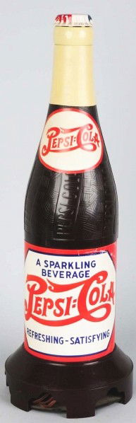 Pepsi-Cola Bottle Radio.: 1940s. Embossed body. Repainted bottle cap selector knob at top and replacement paper decals. Displays beautifully with only light marks or minor wear. Condition (Excellent). Size 23 - 1/2" T.