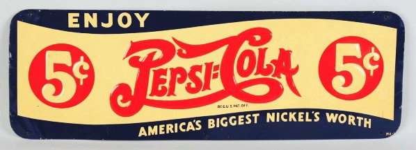 Embossed Tin Pepsi-Cola Sign.: 1940s. Only slightly ambered, a few shallow dents, crimps, one or two surface scratches, and marks. Condition (Excellent). Size 30" x 10".