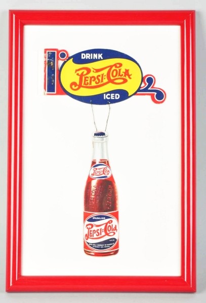 Cardboard Hanging Pepsi-Cola Bottle Sign.: Canadian. 1940s. Nicely framed under glass. Only one very minute stain in lower left corner of bottle, one minor bend to top, and some staple rust to the left side. Displays very well. Condition (Very