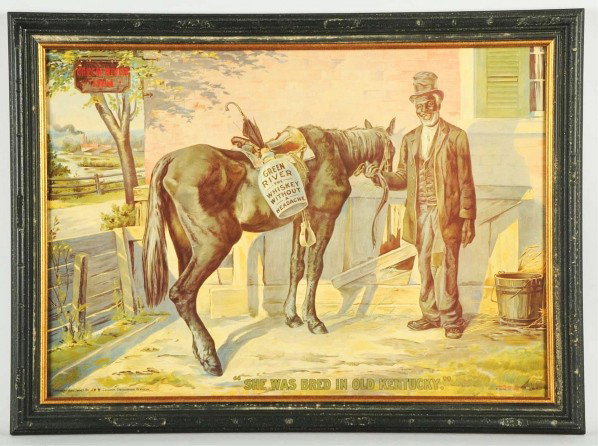 Tin Green River Whiskey Advertising Sign.: Early 1900s. Nice image of gentleman standing by horse with Green River Whiskey crock on side. Reads "She was bread in Old Kentucky". Condition (Very Good - Excellent). Size Framed: 25" x 34 - 1/2".