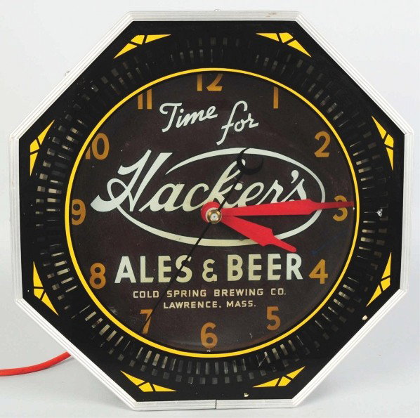 Neon Hacker's Ales & Beer Spinner Clock.: Neon appears to be original. Light soiling and minor scratches and marks with paint residue on the interior tin face of the clock. Outer case wear and surface rust to the rear of the clock with light 