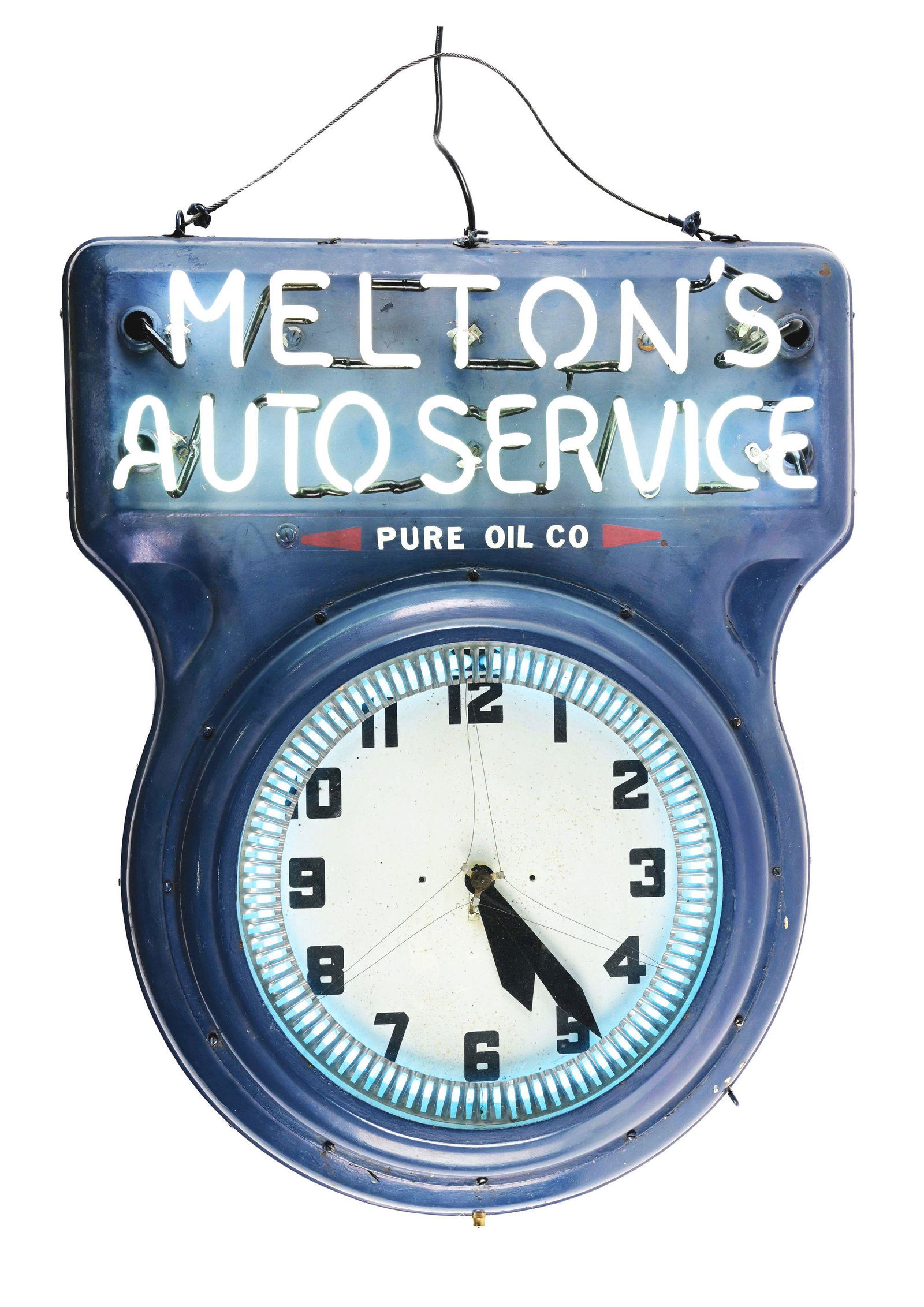 PURE OIL COMPANY "MELTONS AUTO SERVICE" NEON SPINNER CLOCK. (1 of 2)