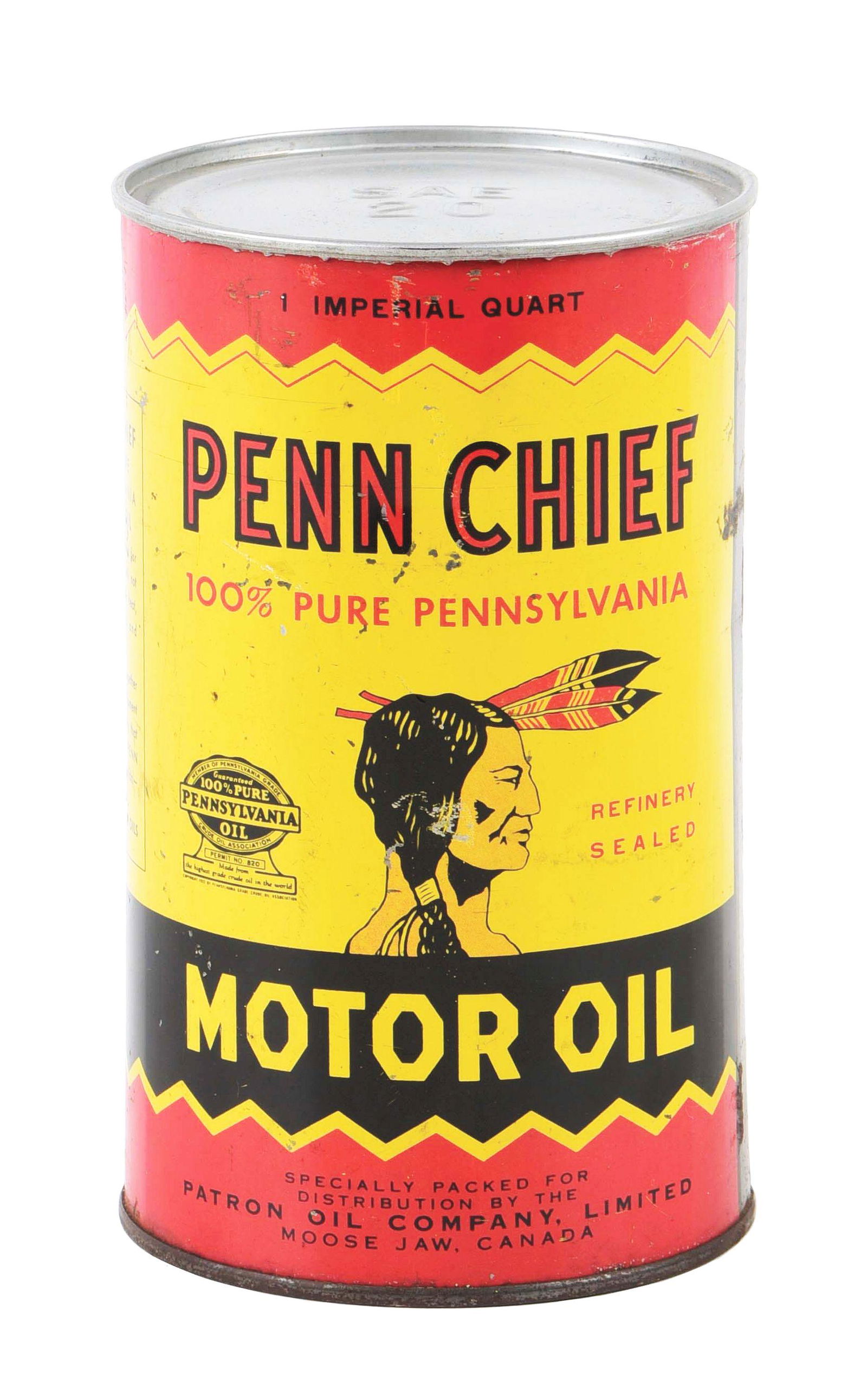 RARE PENN CHIEF MOTOR OIL IMPERIAL QUART CAN W/ NATIVE AMERICAN GRAPHIC. (1 of 4)