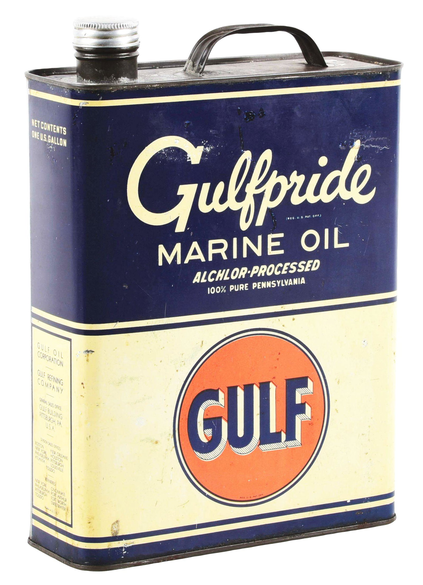 RARE GULFPRIDE MARINE MOTOR OIL ONE GALLON FLAT CAN.: One Gallon Flat Can. Scarce C. 1930's One Gallon for Gulfpride Marine Motor Oils showing unique script with Gulf Disc graphic. A product of Gulf Refining Company, Pittsburgh, Pennsylvania. CONDITION: 