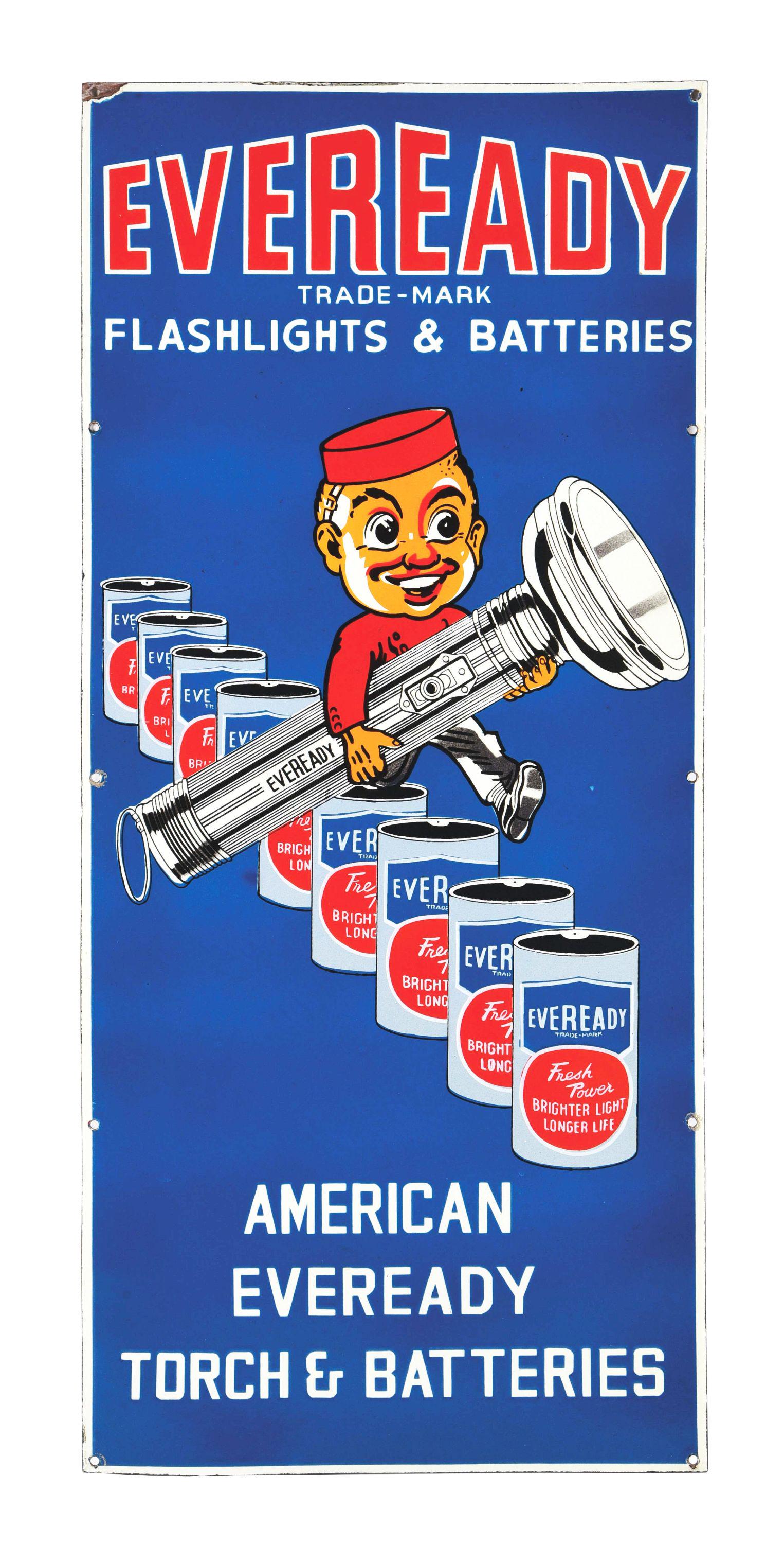EVEREADY FLASHLIGHTS & BATTERIES PORCELAIN SIGN W/ FLASHLIGHT GRAPHIC. (1 of 2)