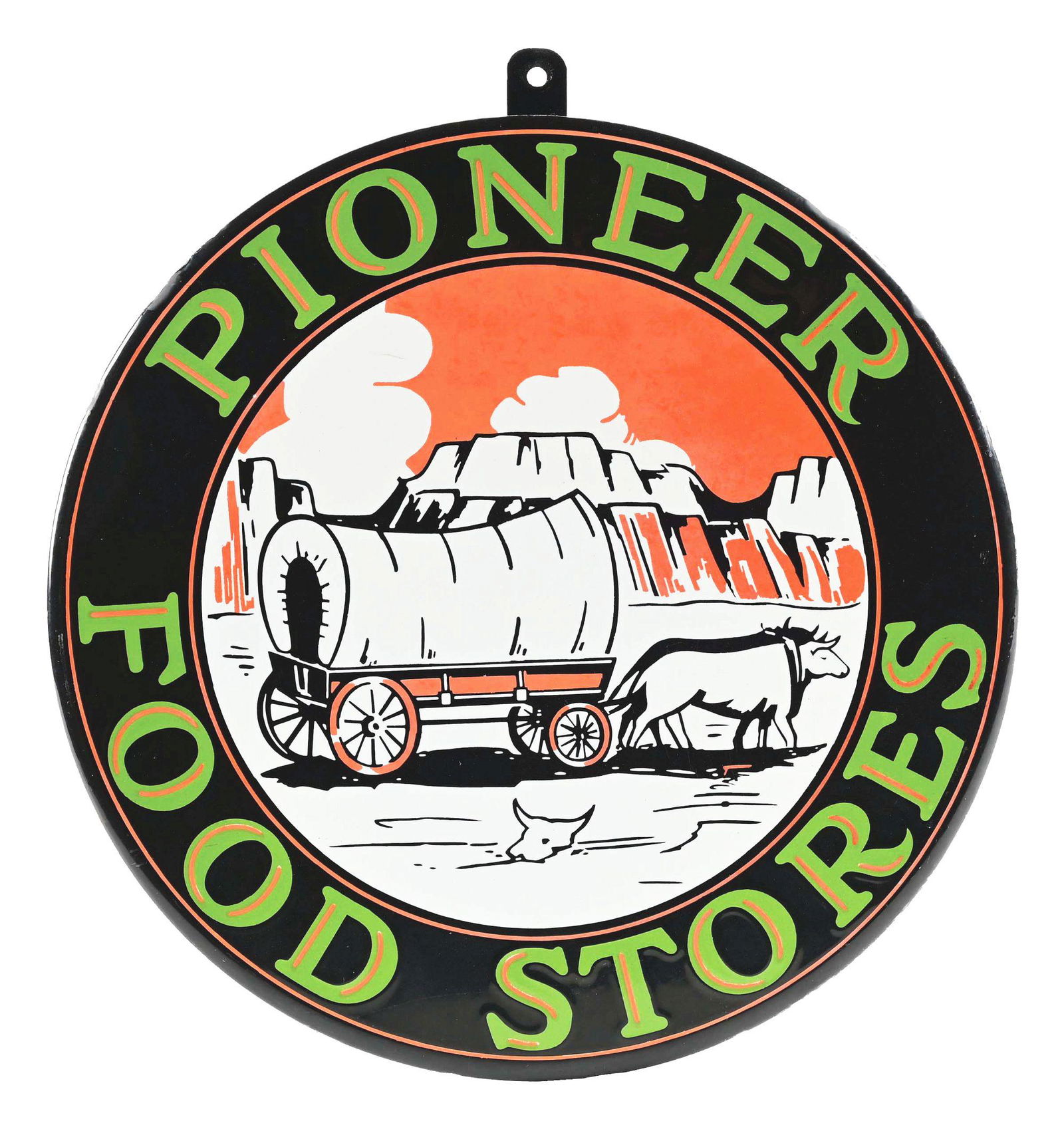 Pioneer Food Stores Porcelain Sign W/ Oxdrawn Wagon Graphic. Auction