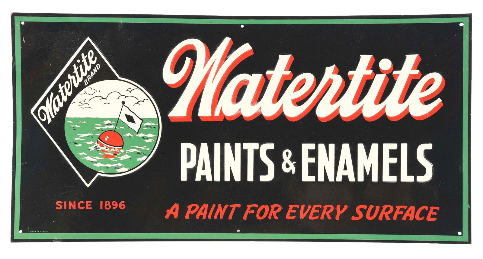 WATERTITE PAINTS & ENAMELS EMBOSSED TIN SIGN W/ MARINE GRAPHIC.. (1 of 3)