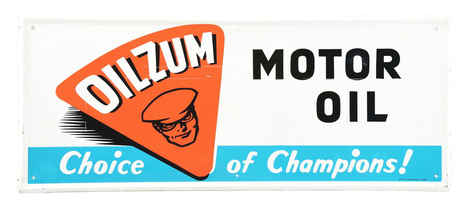 OILZUM MOTOR OIL "CHOICE OF CHAMPIONS" SELF FRAMED TIN SIGN W/ OSWALD GRAPHIC. (1 of 3)