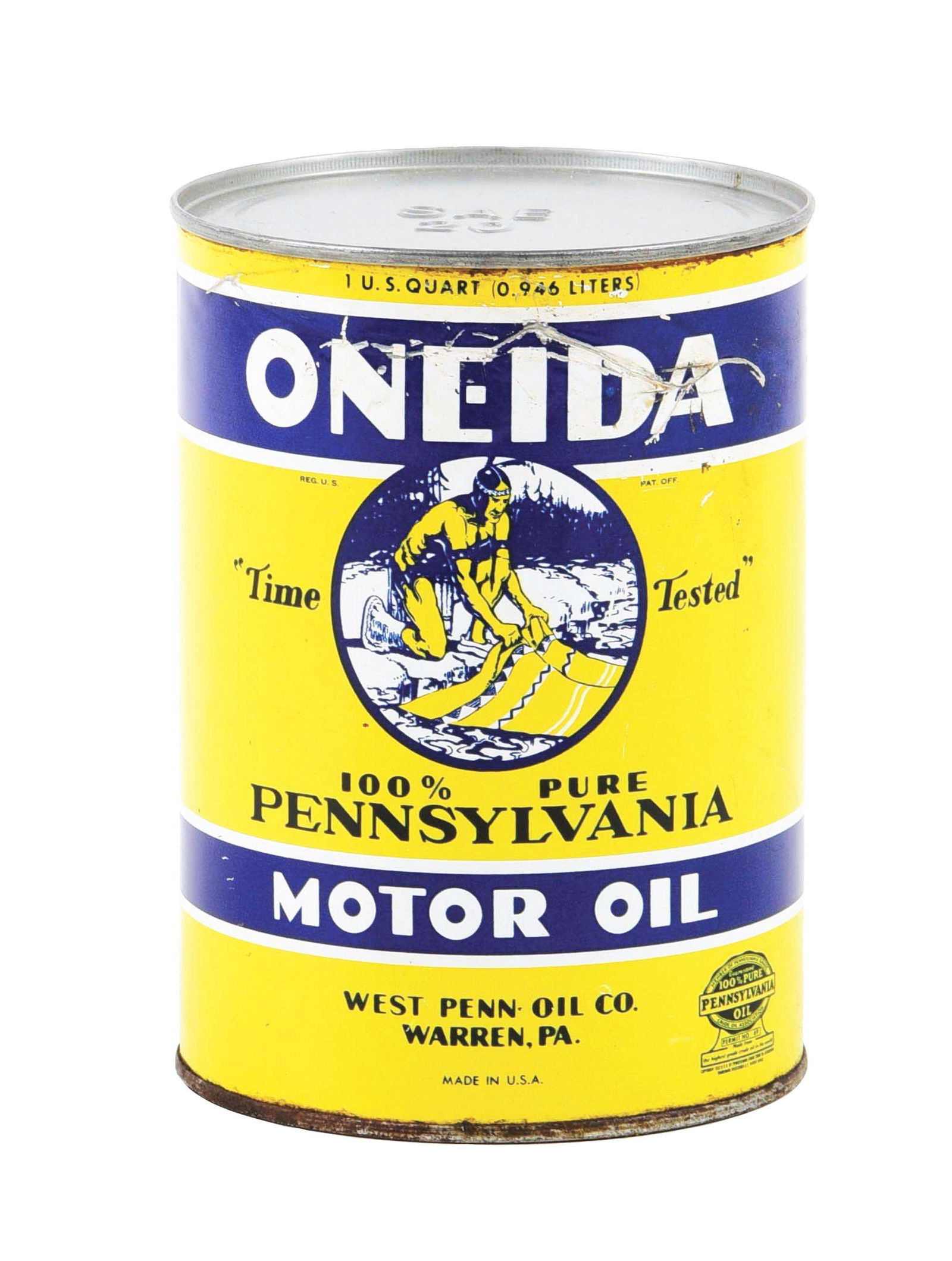 SCARCE ONEIDA MOTOR OIL ONE QUART CAN W/ NATIVE AMERICAN GRAPHIC. (1 of 4)