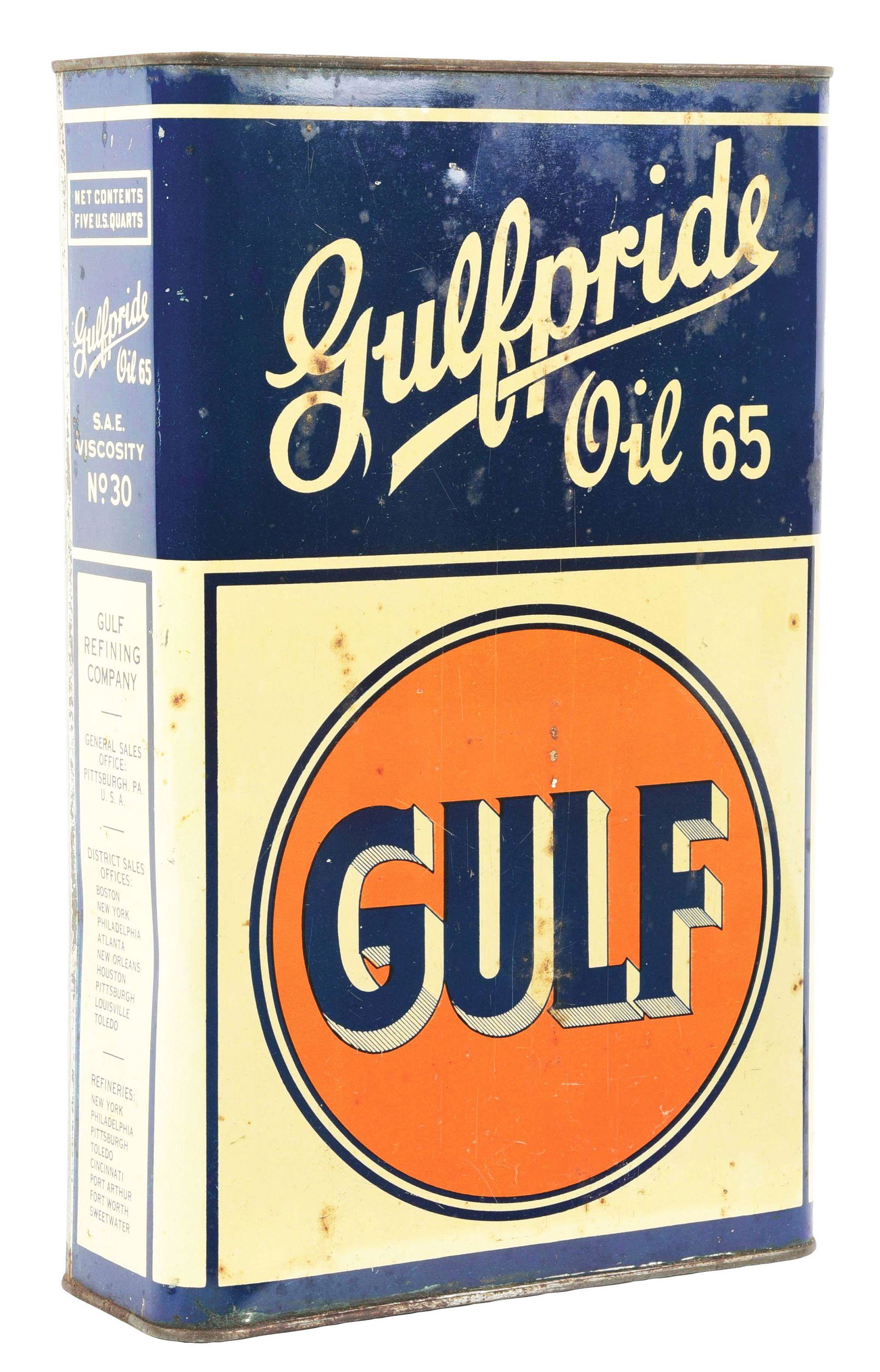 RARE GULFPRIDE MOTOR OIL 65 FIVE QUART FLAT CAN. (1 of 5)