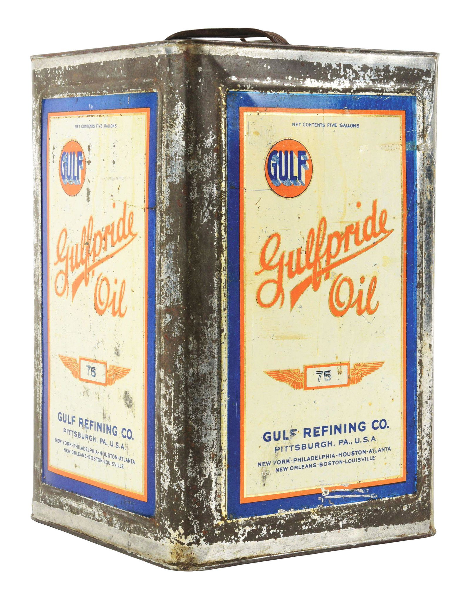 GULFPRIDE MOTOR OIL FIVE GALLON SQUARE CAN W/ EARLY GULF GRAPHIC. (1 of 4)