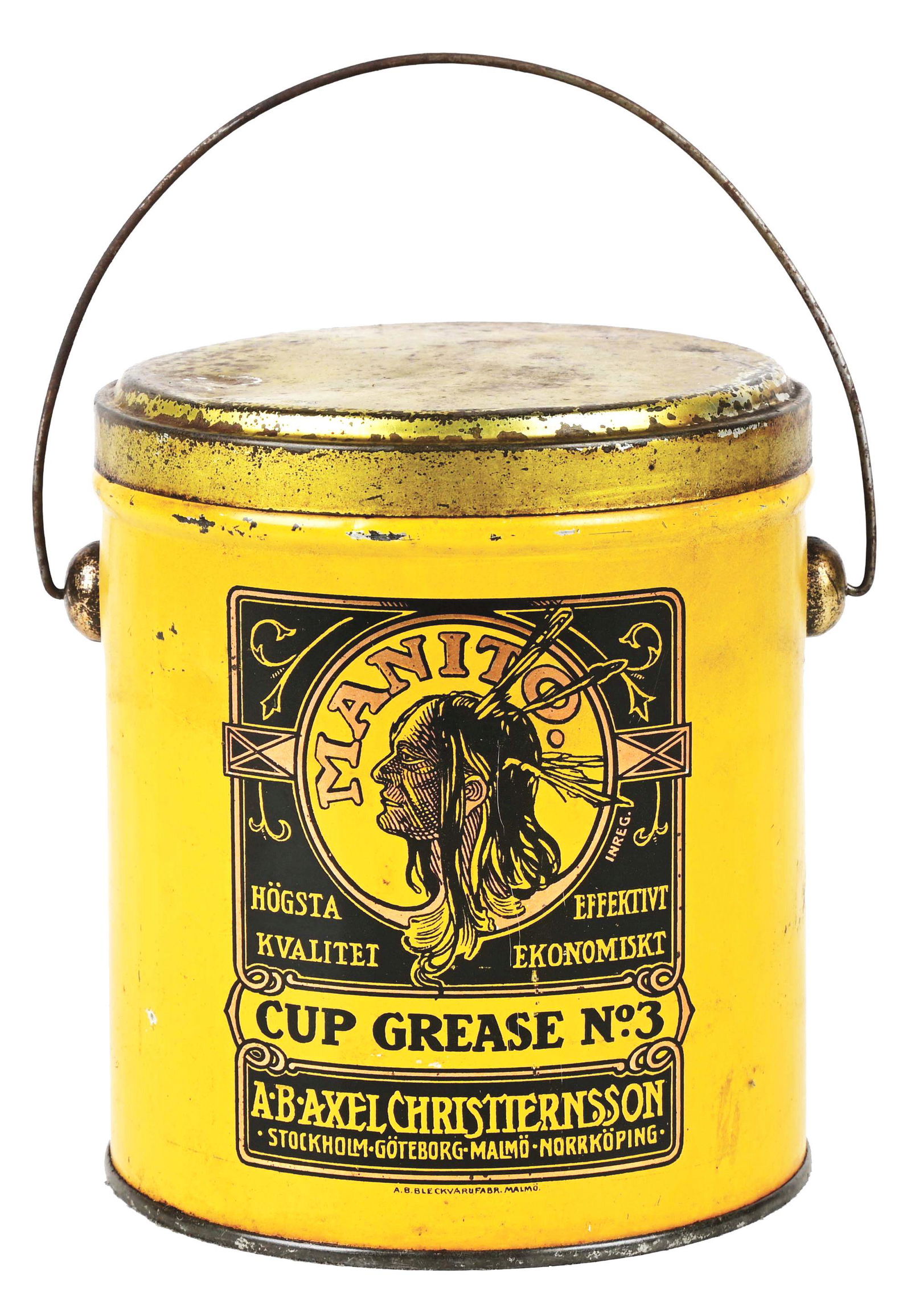 RARE MANITO FIVE POUND CUP GREASE TIN W/ NATIVE AMERICAN GRAPHIC. (1 of 4)