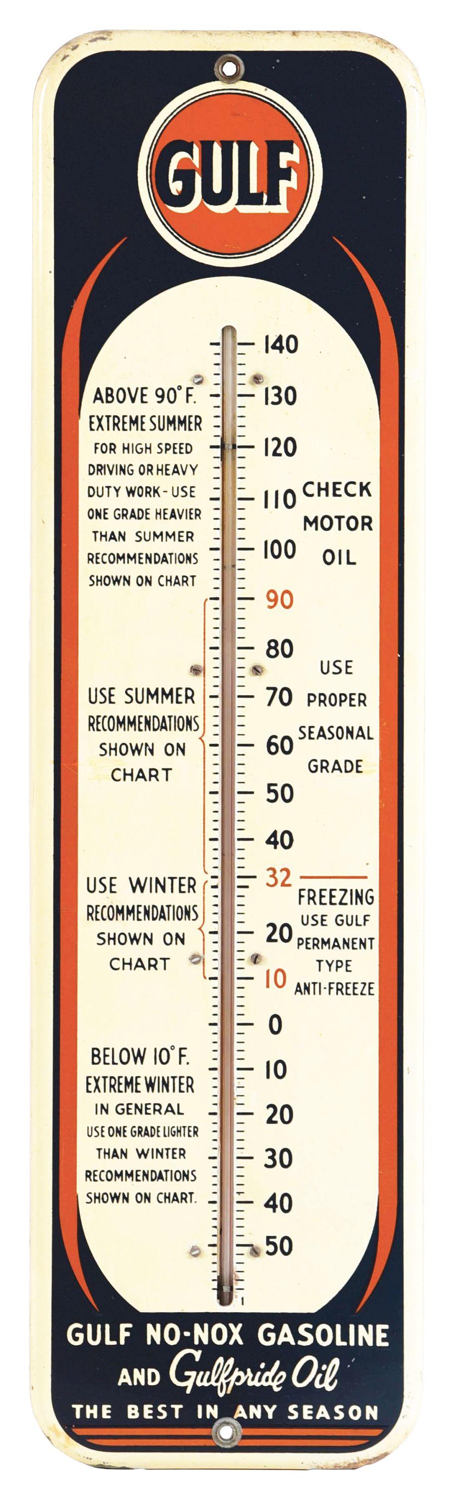 GULF NO-NOX GASOLINE TIN SERVICE STATION THERMOMETER W/ GULF DISC GRAPHIC. (1 of 2)